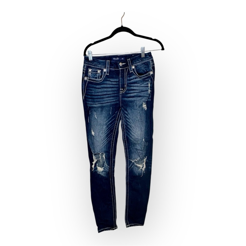 Miss Me Dark Wash Distressed Skinny Jeans Rhinestone Pockets Y2K Style 26